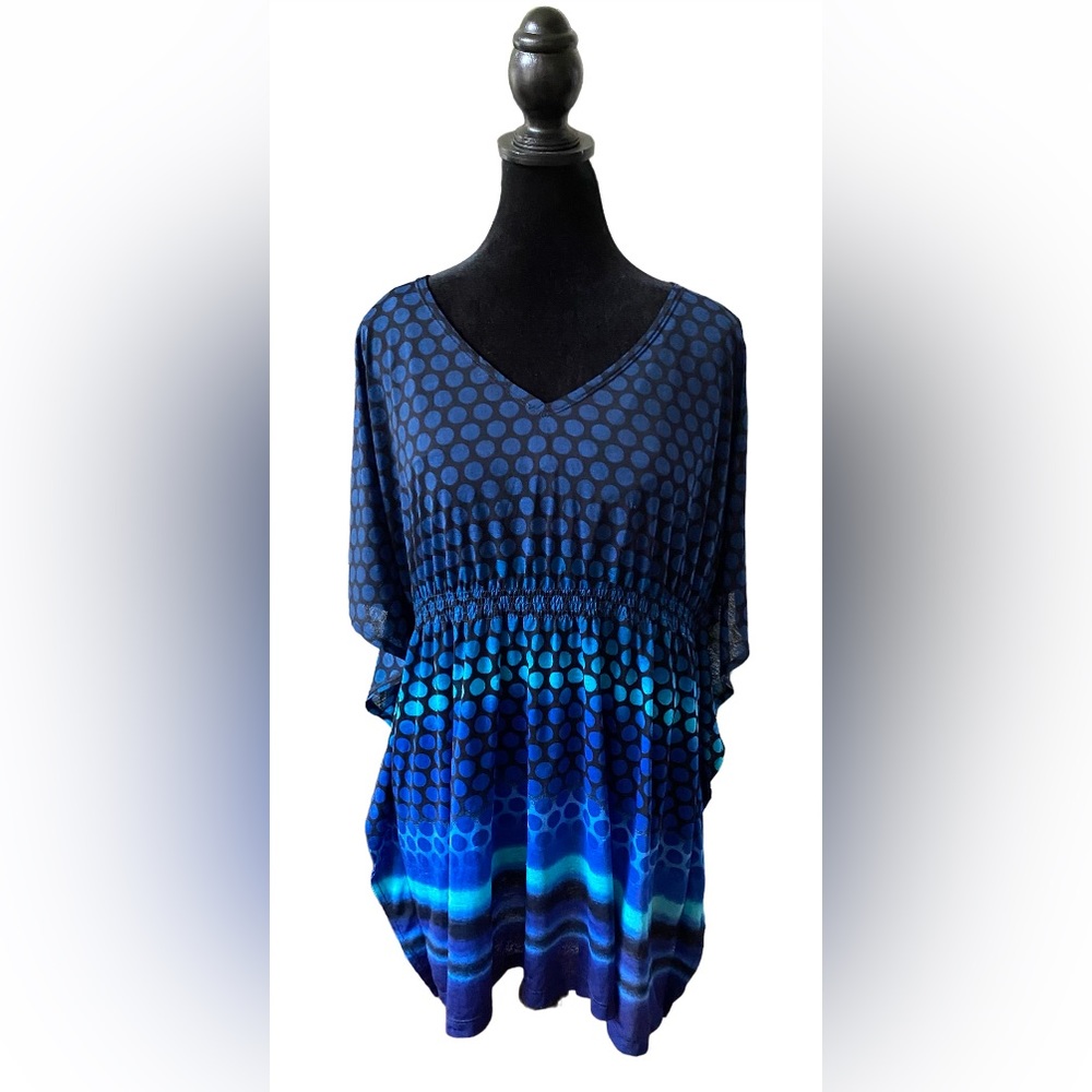 Rafaella: Blue and Black Flowy Polkadot V Neck  Blouse